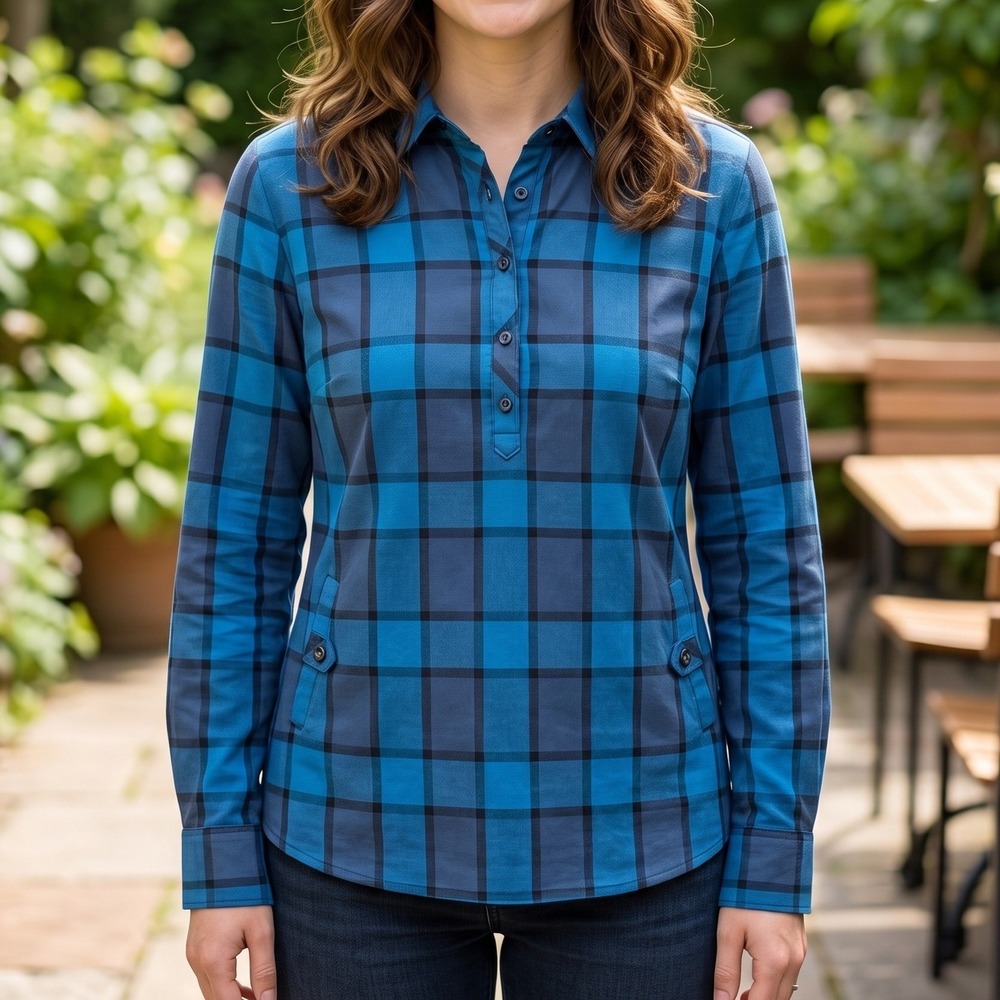 Kuhl Womens Blue Plaid Flannel Pullover Henley Shirt Long Sleeve Mountain Top - Picture 1 of 10